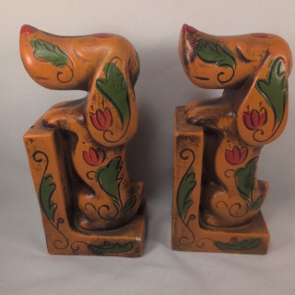 VTG 1950s Ceramic Arnart Creations Dachshund Japan Bookends Orange Rose Floral - Picture 3 of 10